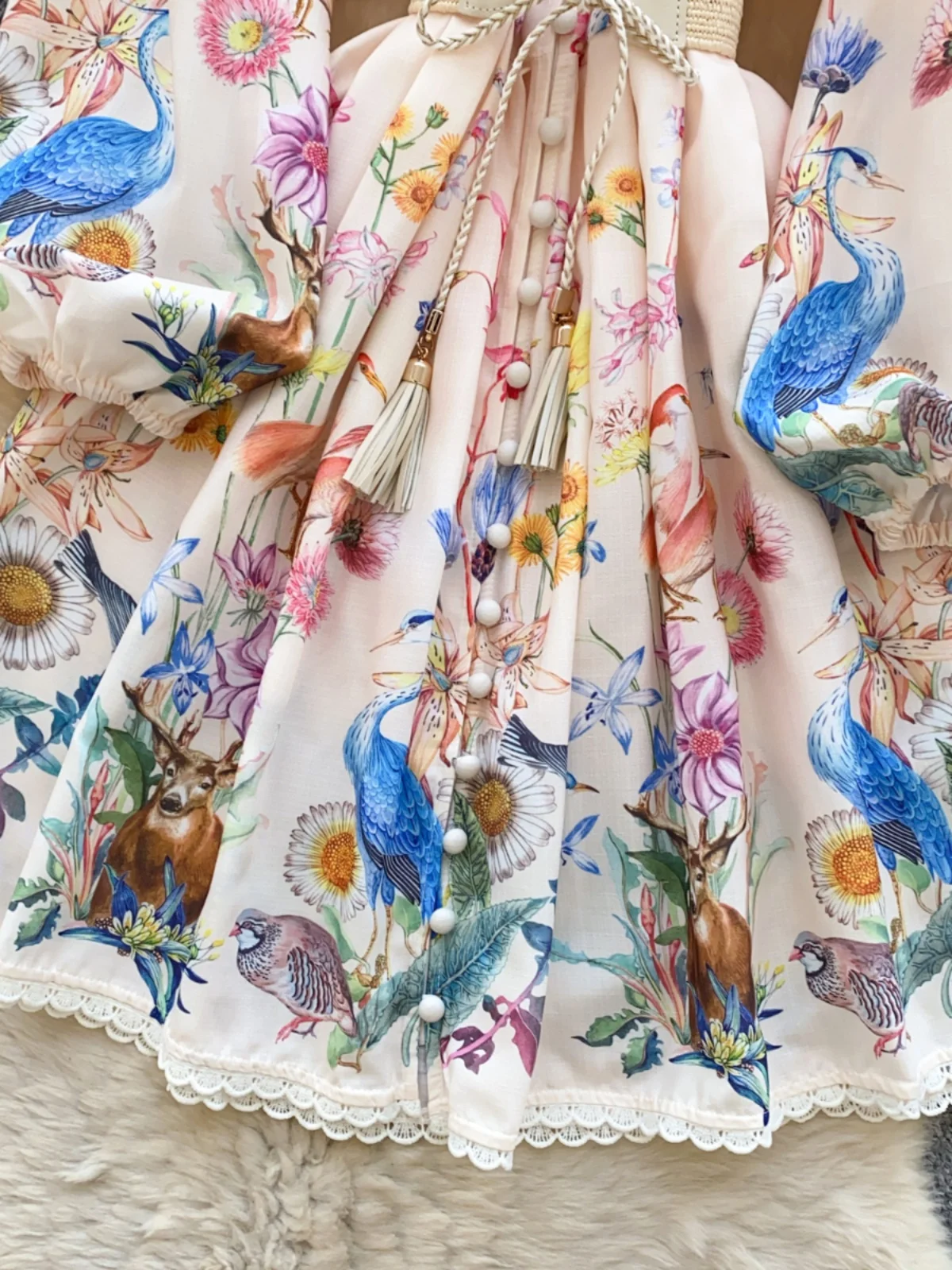 2025 Nieuwe Vintage Court Sle V-Ne Single Button Tie Taille Lantaarn Sve Lace Trim Gedrukt Dr Hoge Taille A-lijn Koreaanse S...