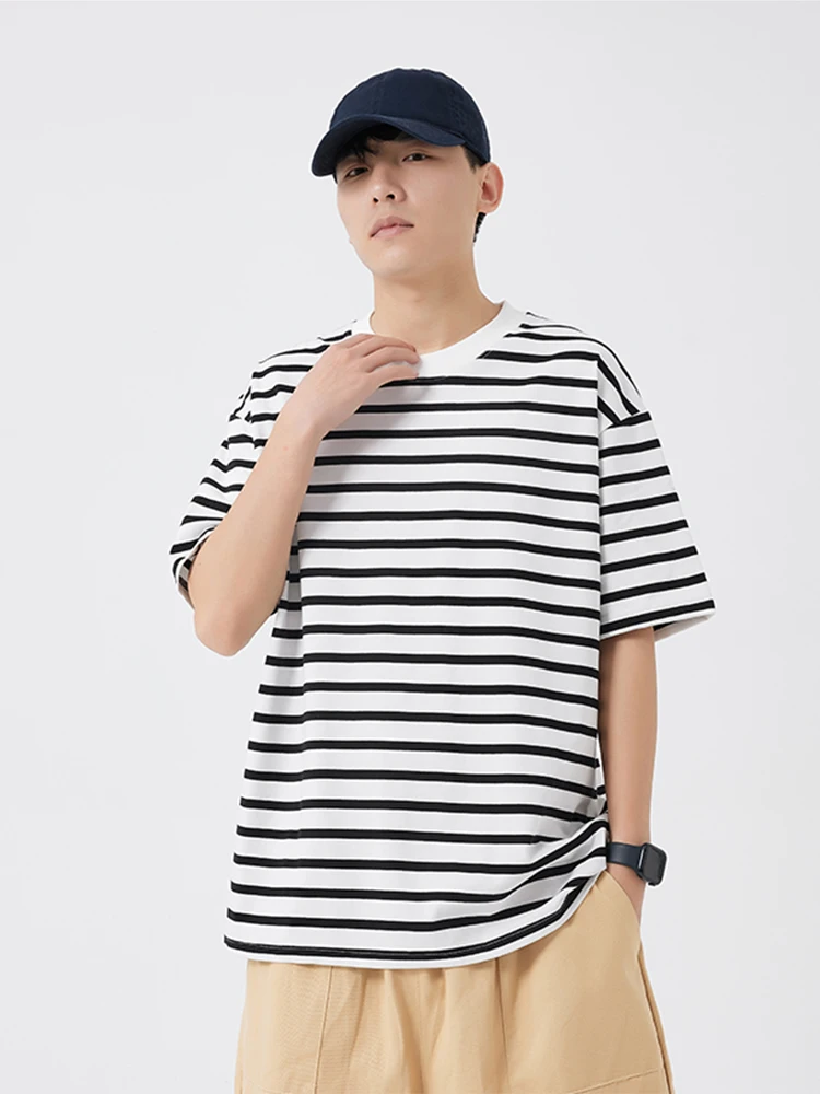 Sommer Gestreifte T-Shirts Herren Koreanische Mode 260G Schwere Baumwolle Übergroße T-Shirts Lose Oberteile Kurzarm Basic T-Shirts Unisex