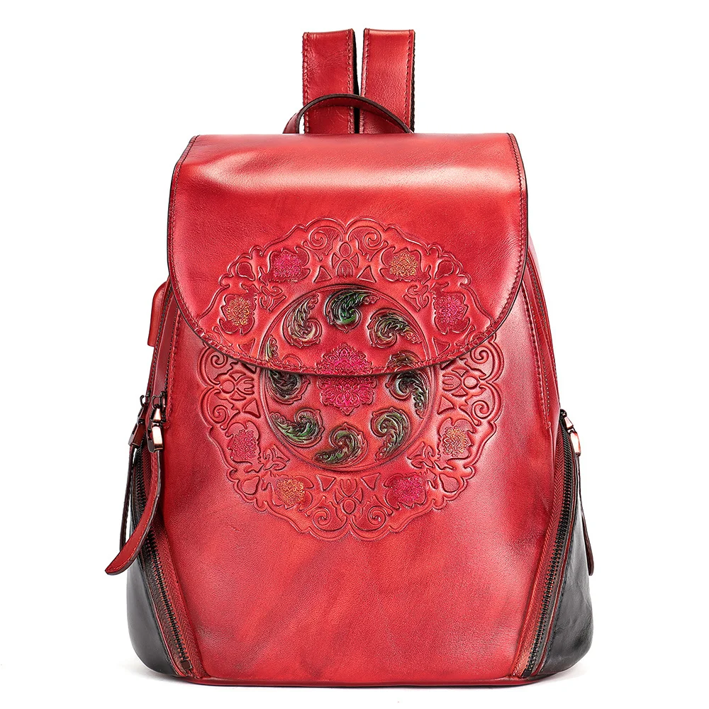 

Retro Embossed Floral Backpack For Women Gennuien Leather School Bag Back Business Travel Shool Ladies Luxury Handbags