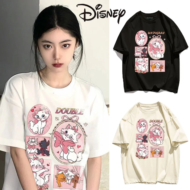 Disney Marie Cat T-shirt Cartoon Woman Cotton Print Short-Sleeved Summer Fashion Cute Loose Tops Breathable Street Short-Sleeved