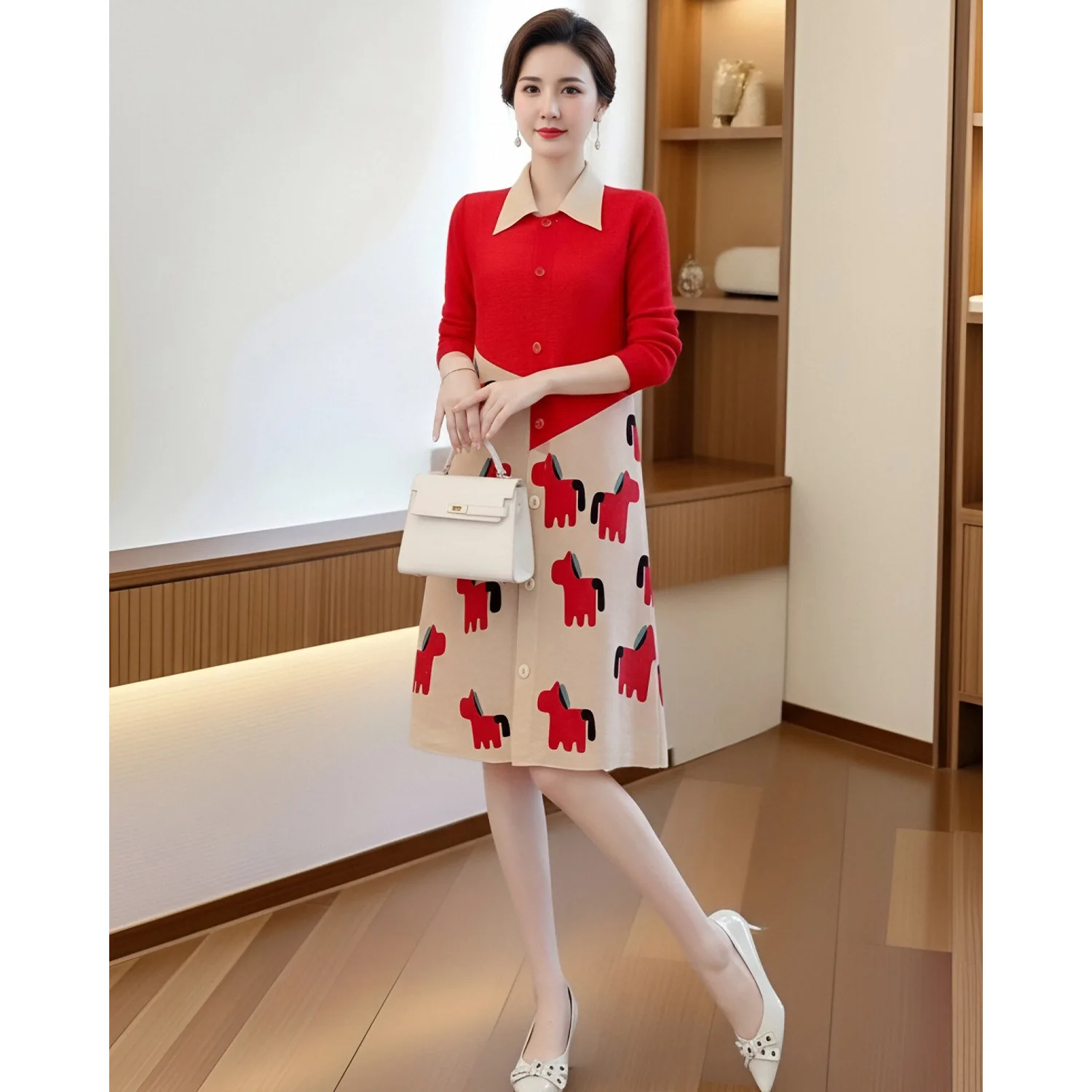

Miyake Style Pleated Red Dress Women's Summer New Spring Skirt Loose Large Size Women's Printed Mom Skirt