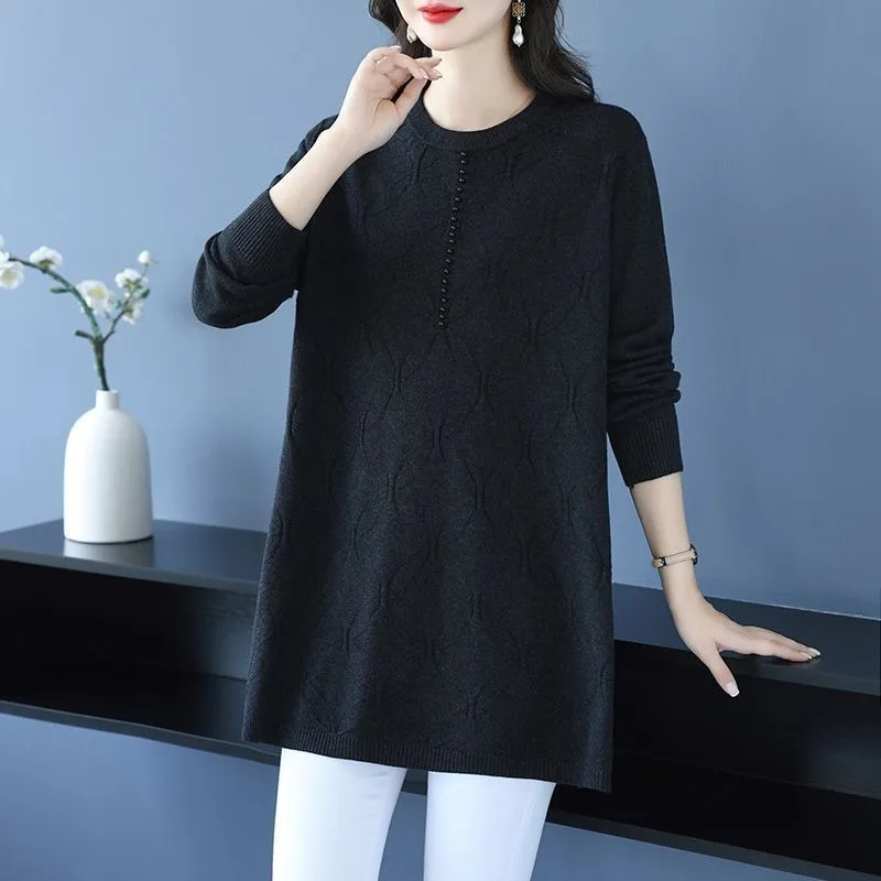 

Autumn and Winter Mid-length Round Neck Knitted Sweater Loose Long-sleeved Solid Color Top