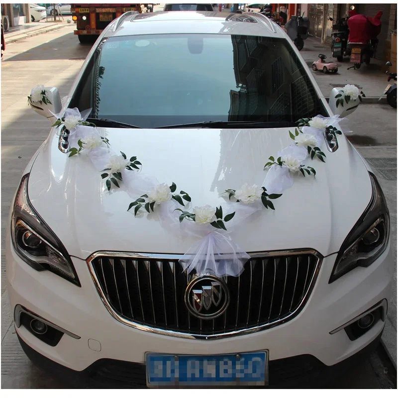 Artificial Flowers Garland Wedding Car Hood Decoration Tulle Bow Ribbon Bridal Vehicle Front Mirror Party Supplies Ornament