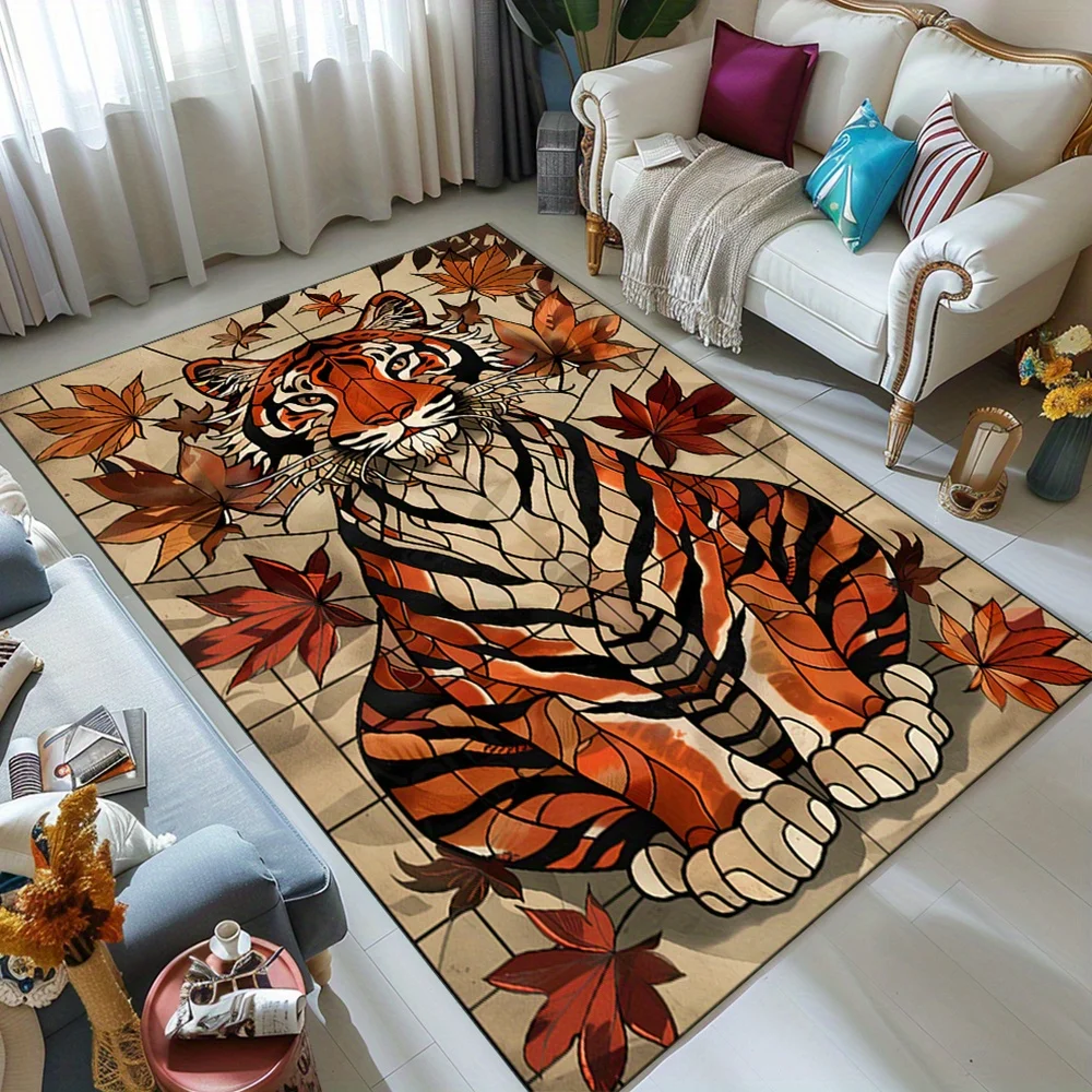 

Large Tiger Print Area Rug - Durable Polyester Carpet with Stained Glass Tiger & Autumn Leaves Design,Crystal Velvet,