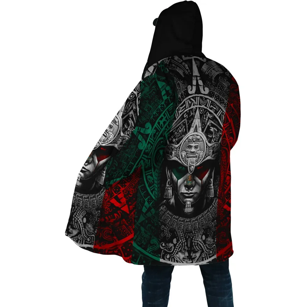 HX Winter Mens Cloak Mexican Aztec Warrior Thick Warm Hooded Cloak for Men 3D Printed Windproof Fleece Cape Hooded Blanket