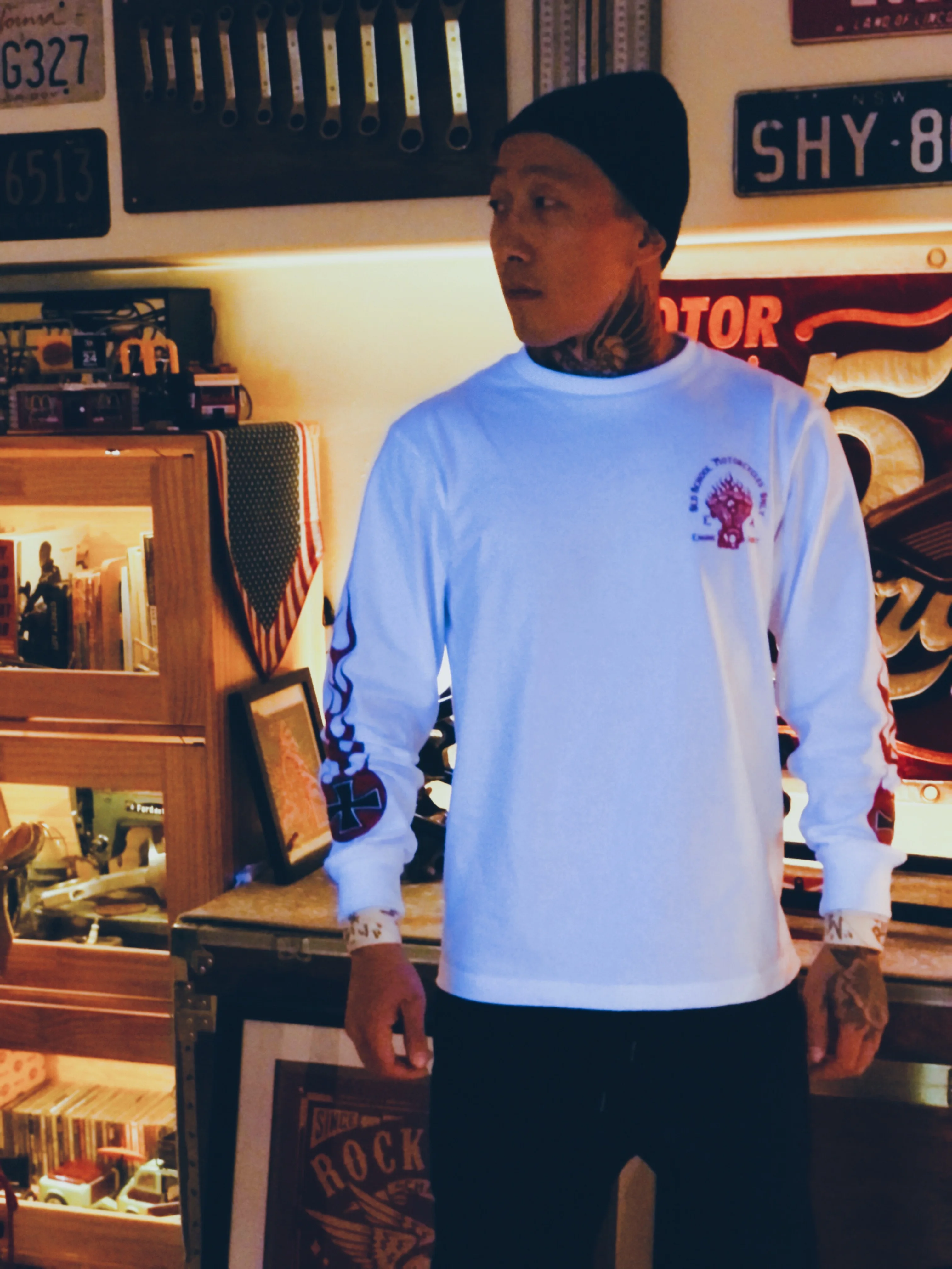 Engineaddict American Street  BMX Long Sleeve Surf round Neck Pure Cotton Flame Print Motorcycle Skateboard T-shirt Yout...
