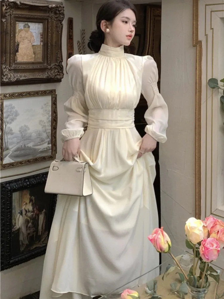 

Fashion Elegant Summer Fairy Korea Women's Dress Long Sleeve O Neck Slim Casual Style Dress 2025 New Holiday Female Clothes