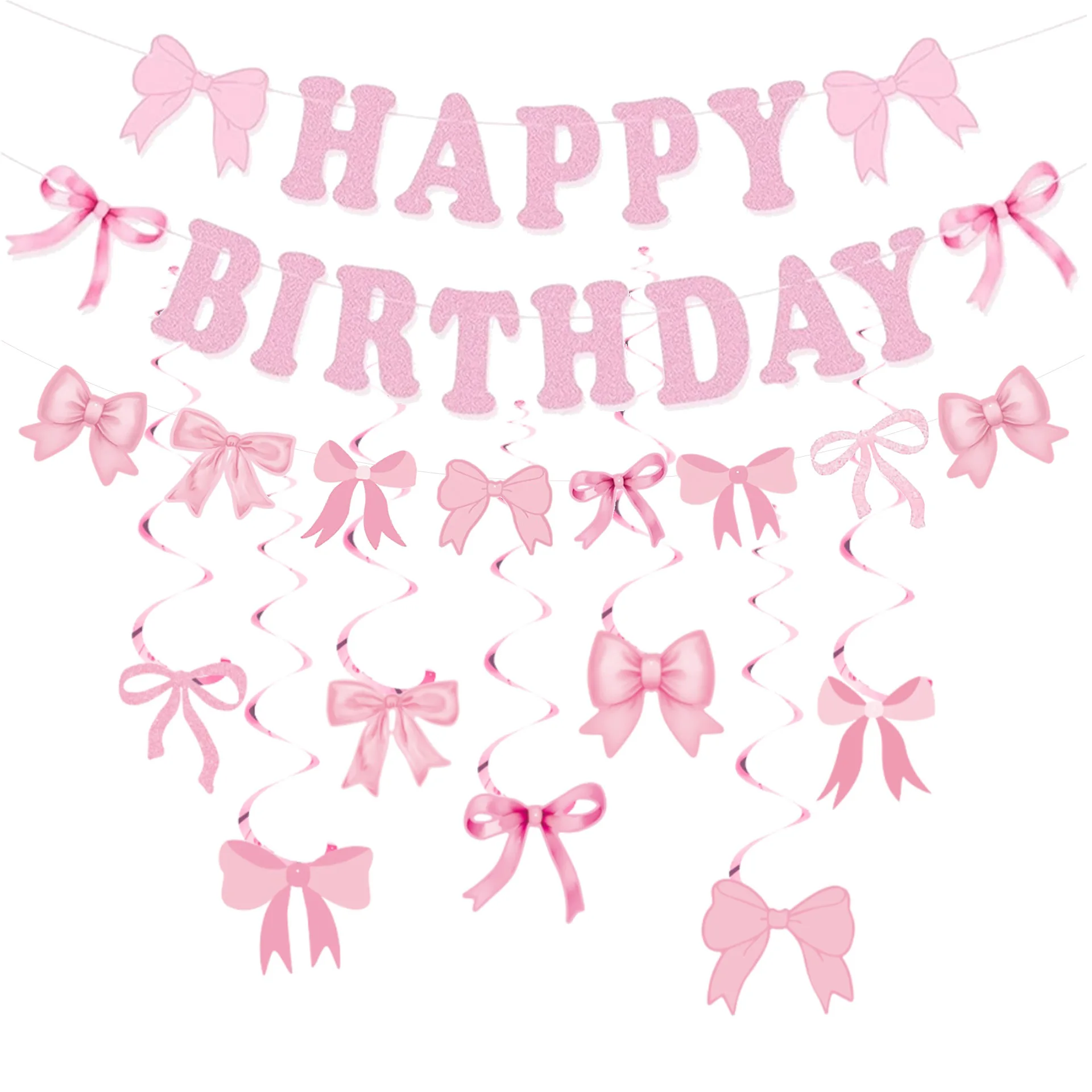 

Pink Bow Banner Happy Birthday Garland Backdrops Decoration Bowknot Flag Hanging Swirl for Baby Shower Girl Party Supplies