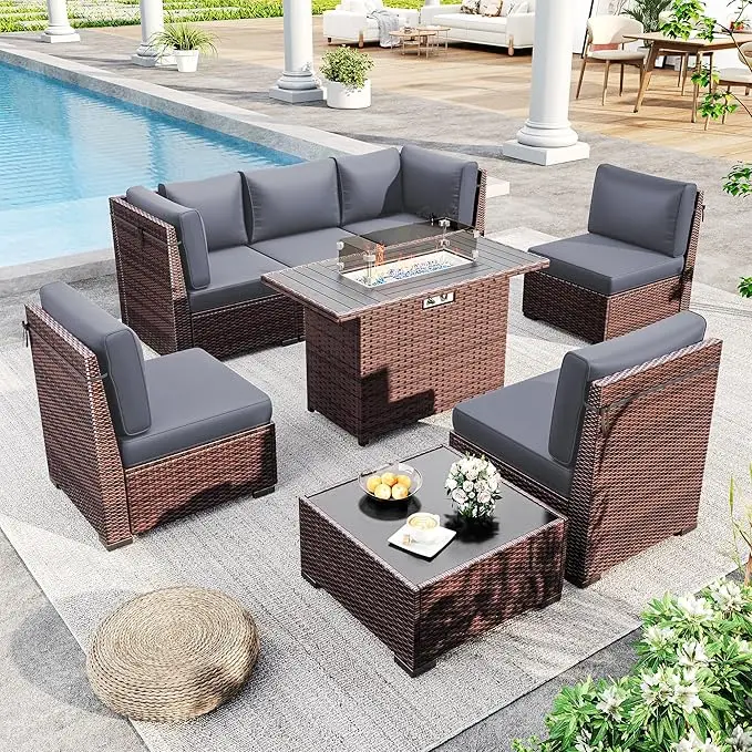 Patio Furniture Set with 44" Fire Pit Table 8 Pieces Rattan Patio Sectional Sofa Conversation Set