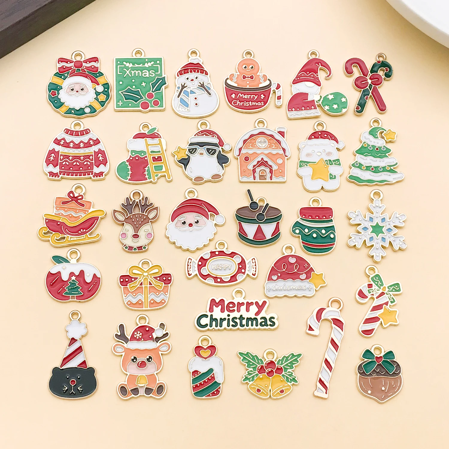 30pcs Gold Plated Christmas Enamel Charms Mix Gingerbread Candy Cane Reindeer For DIY Necklace Bracelet Jewelry Making Supplies