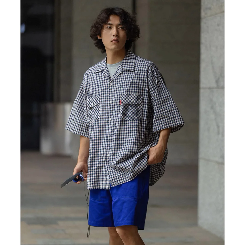 Cityboy Vintage Cuban Collar Pure Cotton Oversize Plaid Shirts Men Streetwear Loose Casual Short Sleeve Cargo Shirts Blouses