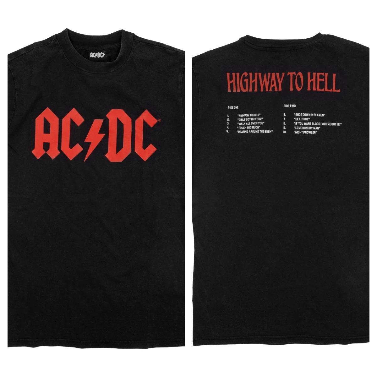 

Футболка с двойным принтом альбома AC/DC Highway to Hell: черная потертая база с логотипом группы, названием альбома и дизайном трекстеров.