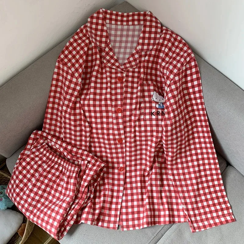 مجموعة بيجاما هالو كيتي للنساء بحجم كبير ملابس منزلية كاواي بأكمام طويلة طقم بيجاما من قطعتين ملابس نوم فضفاضة هدية عيد الميلاد #5