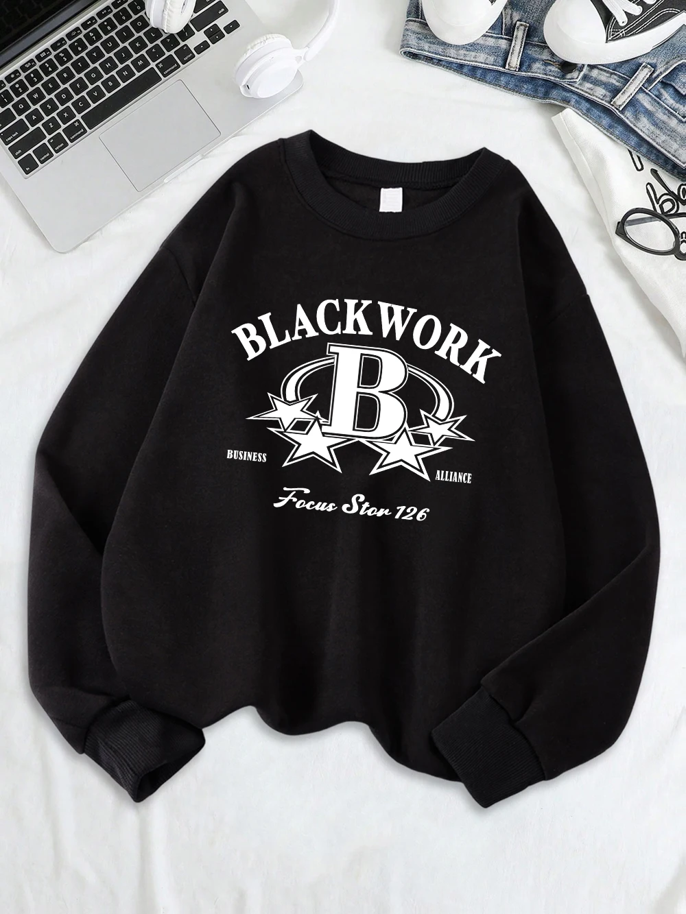أسود العمل التركيز ستار 126 يطبع البلوز المرأة فضفاضة كل مباراة هوديي الصوف الدافئة Crewneck القمم الشتاء ملابس مريحة