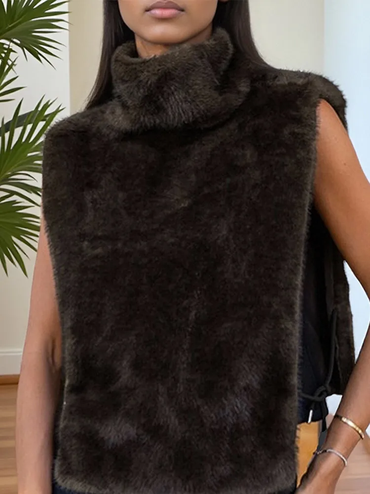 Женский однотонный утепленный меховой жилет, модное розовое свободное короткое пальто без рукавов с высоким воротом, осенняя новая шикарная уличная женская верхняя одежда