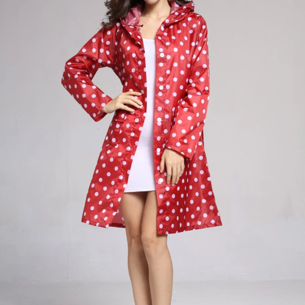 Woman Girl Reusable Portable Fashion Polka Dots Hooded Long Raincoat Poncho with Front Pockets