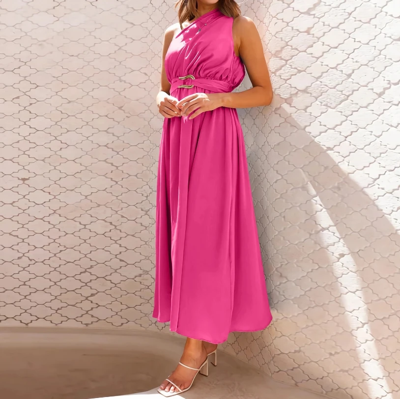 Women's Dress Elegant Commuting Summer Fashion Basic Pullover Solid Color One Shoulder Metal Belt Ruched High Waist Maxi Dress