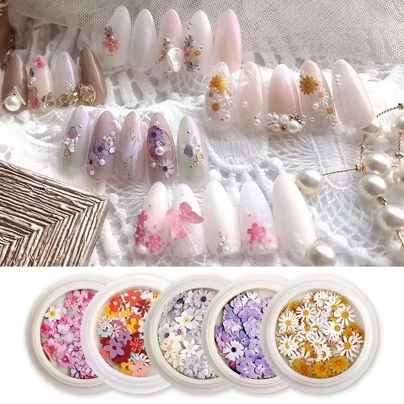 50pcs/Box Nail Flower Ultra-thin Wood Pulp Patch DIY Color Mixed Small Daisy Rose Dry Flowers Nail Decoration Nail Art Accessory