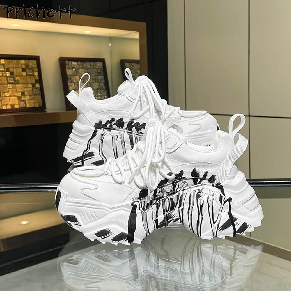 

Graffiti Black White Pumps Thick Soled Genuine Leather Round Toe Platform Lace Up Cool Fashion Shoes Women's Shallow Pumps
