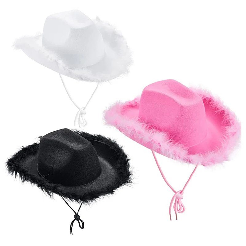 1Pc Gorgeous Fluffy Feather Brim Cowboy Hat Wide Brim Cowgirl Hat All-match For Mardi Gras Rave Play Dress Up-New
