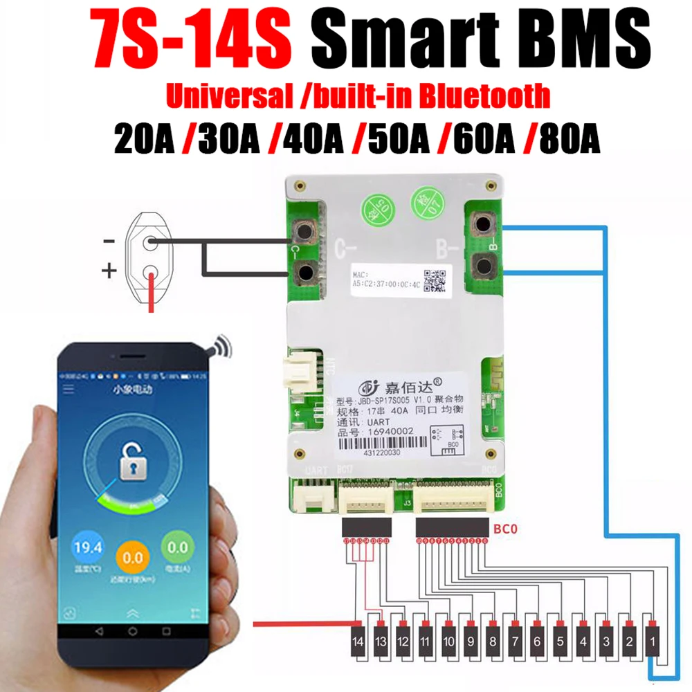 Placa de Proteção da Bateria de Lítio Bluetooth Incorporado Smart Bms 7s 8s 10s 13s 14s 16s 17s 24v 36v 48v 60v Equilíbrio Lifepo4 do Li-íon