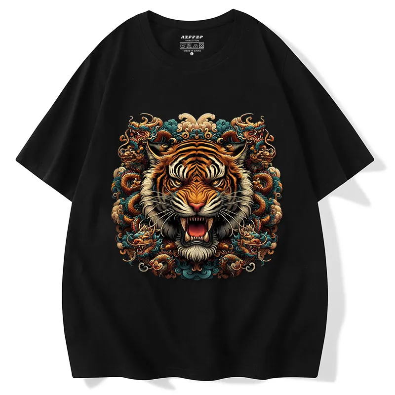 Trendy Tiger-Head Short-Sleeved T-Shirt Retro Dynamic Animal Pattern Top for Children And Adults Fashionable New Brand