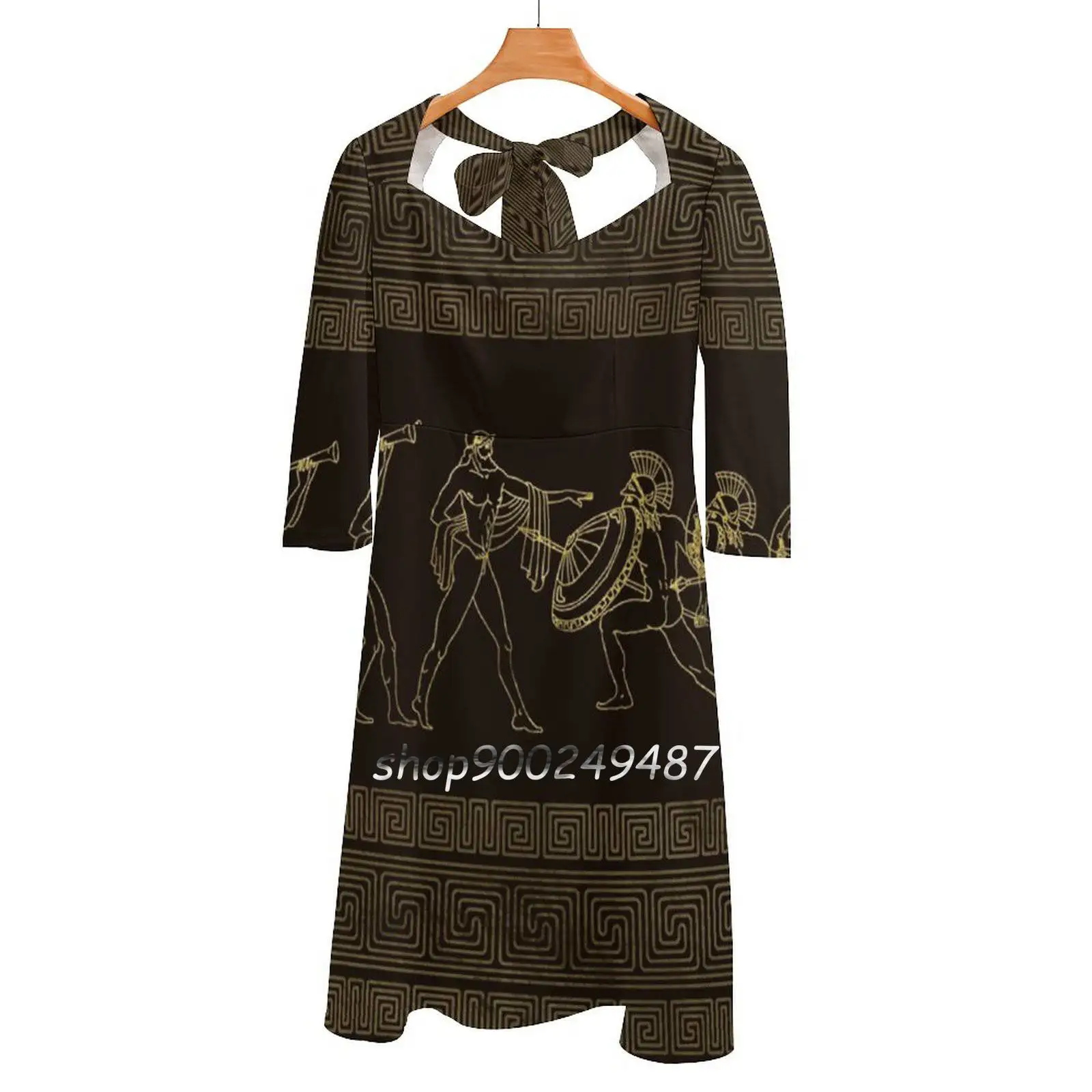 Ancient Greece Scene On Greek Pattern Flare Dress Square Neck Dress Elegant Female Fashion Printed Dress Greek Pattern Meander