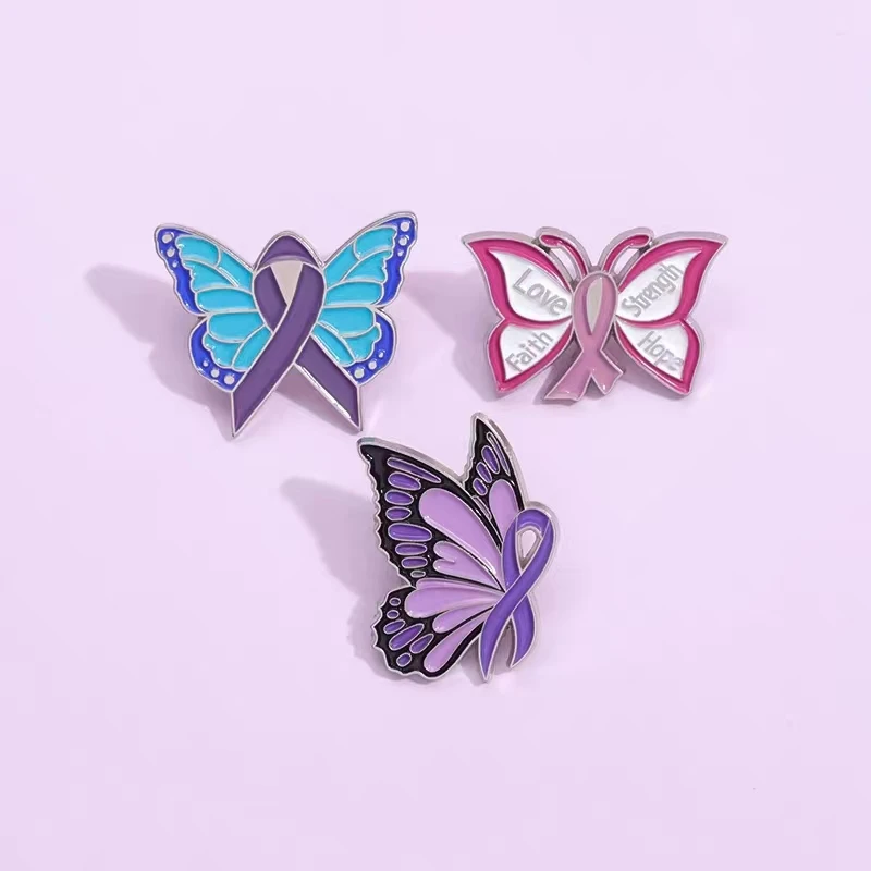 Ribbon Butterfly Enamel Pin Domestic Violence Awareness Breast Cancer Awareness Guarding Mental Health Lapel Badge Jewelry Gifts