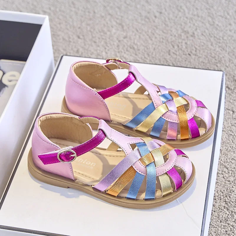 Sandalias suaves y coloridas para niñas, zapatos de vestir de fiesta de Princesa a la moda, planos de tejido de playa, verano, 2024