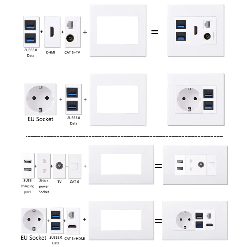 DIY Customizable Sockets,Universal/UK Sockets,Israel US Outlet,Cat5e CAT6 RJ45 Ports,HDMI Data USB,Modular Wall Power Outlets