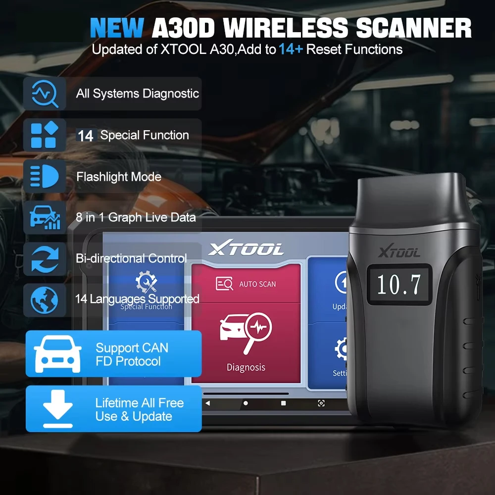 XTOOL Anyscan A30D BT OBD2 Scanner Andriod IOS Bidirectional Scan Tool, Full System 14 Reset Service,CAN FD add Throttle Relearn