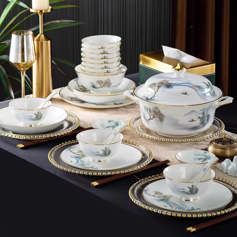Modern Chinese-style Tableware Set Bowl Plate Combination Luxury Tableware Bone China High-end Tableware Home Use Moving House
