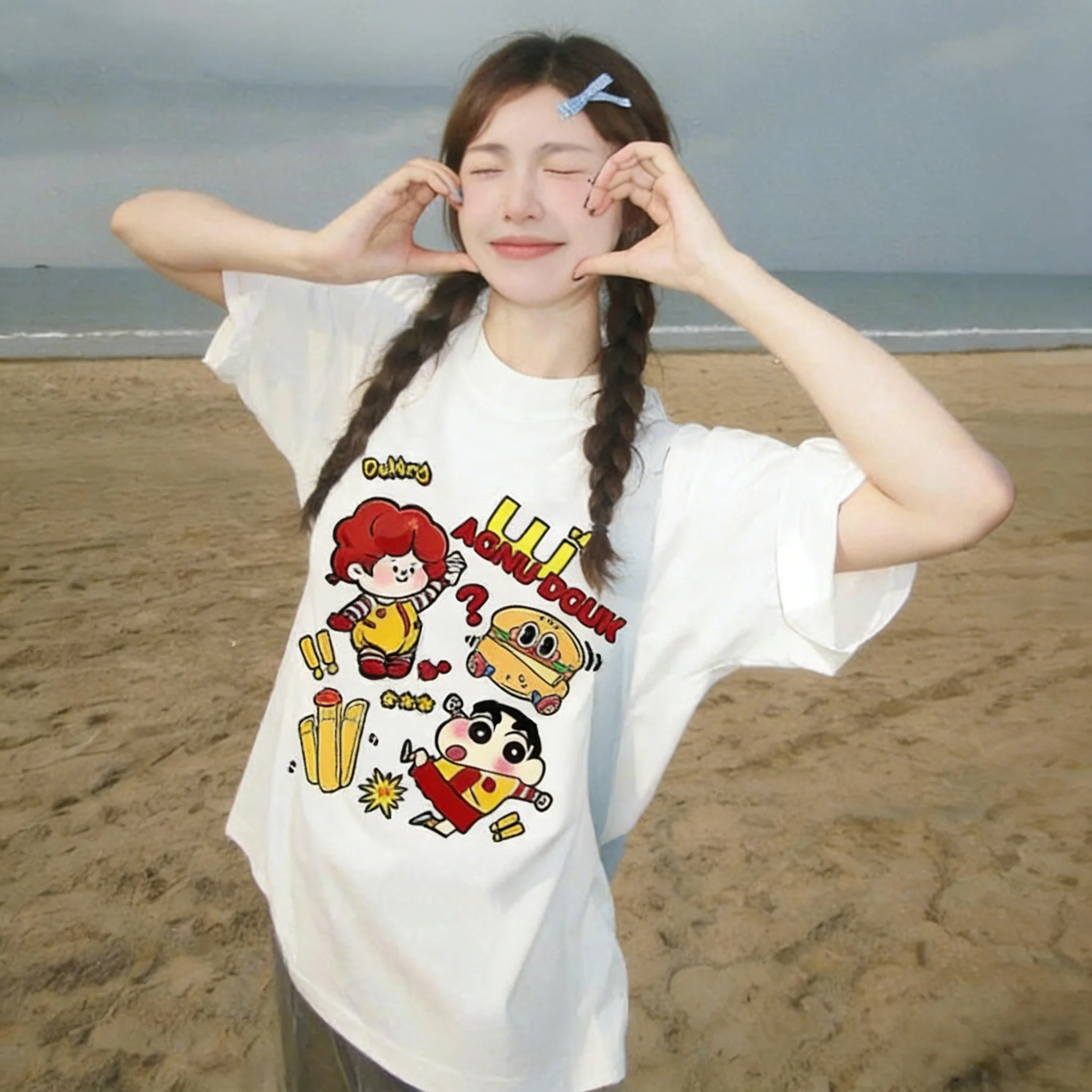 Crayon Shin Chan Fast Food Print Casual T Shirt Cute Anime Short Sleeve Tee for Women