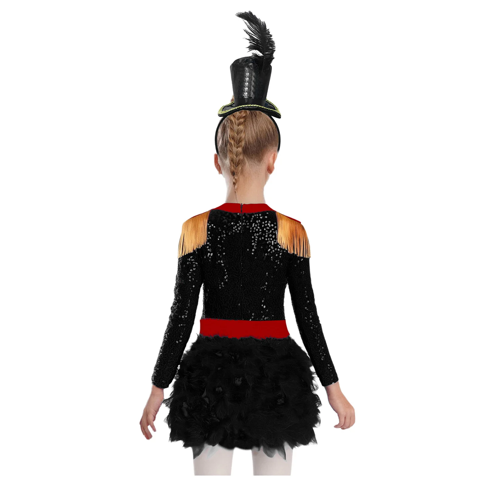Costume da circo per bambina, direttore di circo, costume da Halloween, body da festa, manica lunga, piumato, tuta e cappello, carnevale