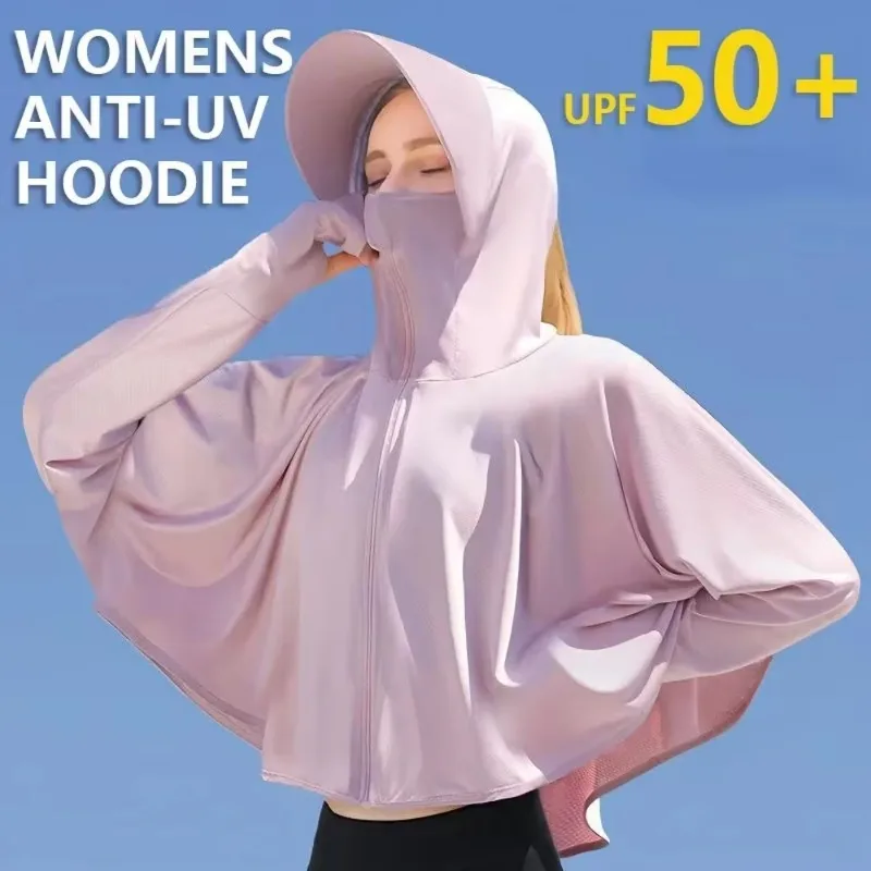 UPF 50+ Women Sunscreen Hoodie Solid Color Thin Ice Silk Summer UV Protection Long-sleeved Jacket Breathable Shirt Clothing