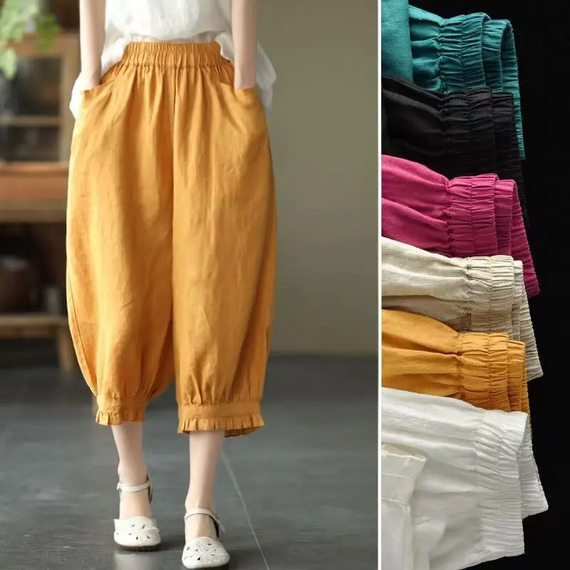 

Vintage Summer Cotton And Linen Harem Pants Women Casual Solid Slim Elastic Waist Capri Pants Cropped 2025 New