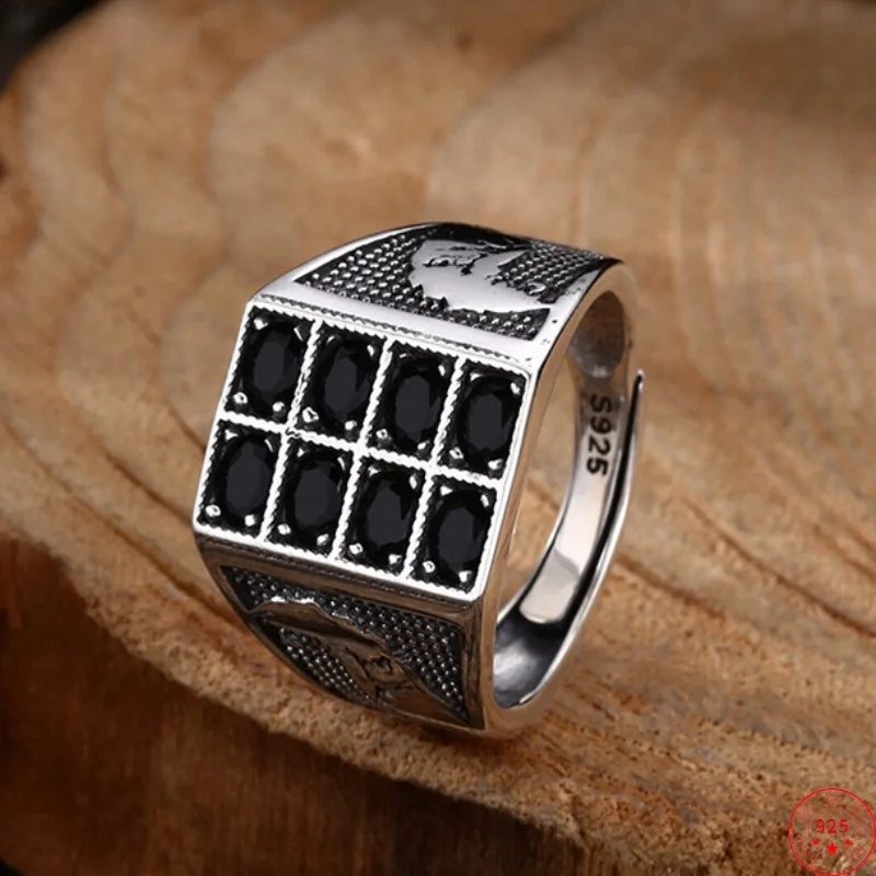 

S925 Sterling Silver Charms Rings for Men Women Ancient Pattern Inlaid Black Zircon New Fashion Punk Jewelry ﻿