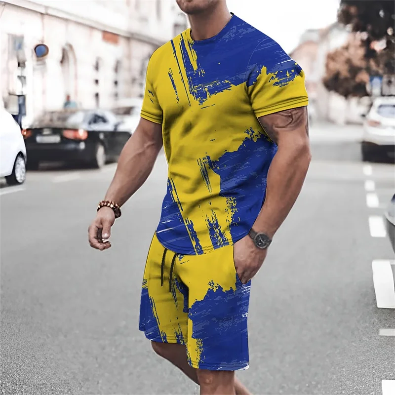 Tropical Men's Wear Casual Sports Short Sleeve Set 3d Colour Printed Loose Plus Size Blazer Tees& Stylish Light Stretch Shorts