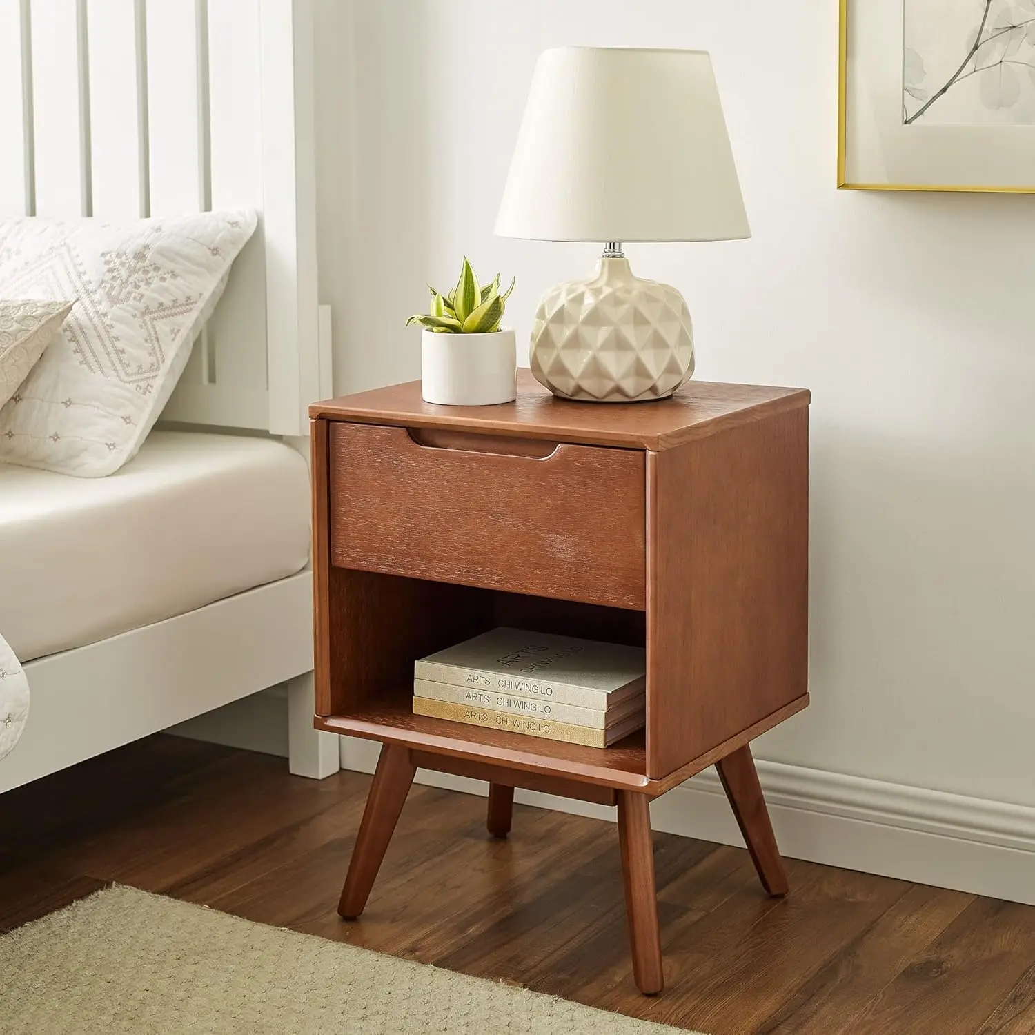 

Solid Wood Nightstand Modern Bedside Table with Storage Drawer and Open Wood Shelf/End Table, for Living Room, Bedroom,