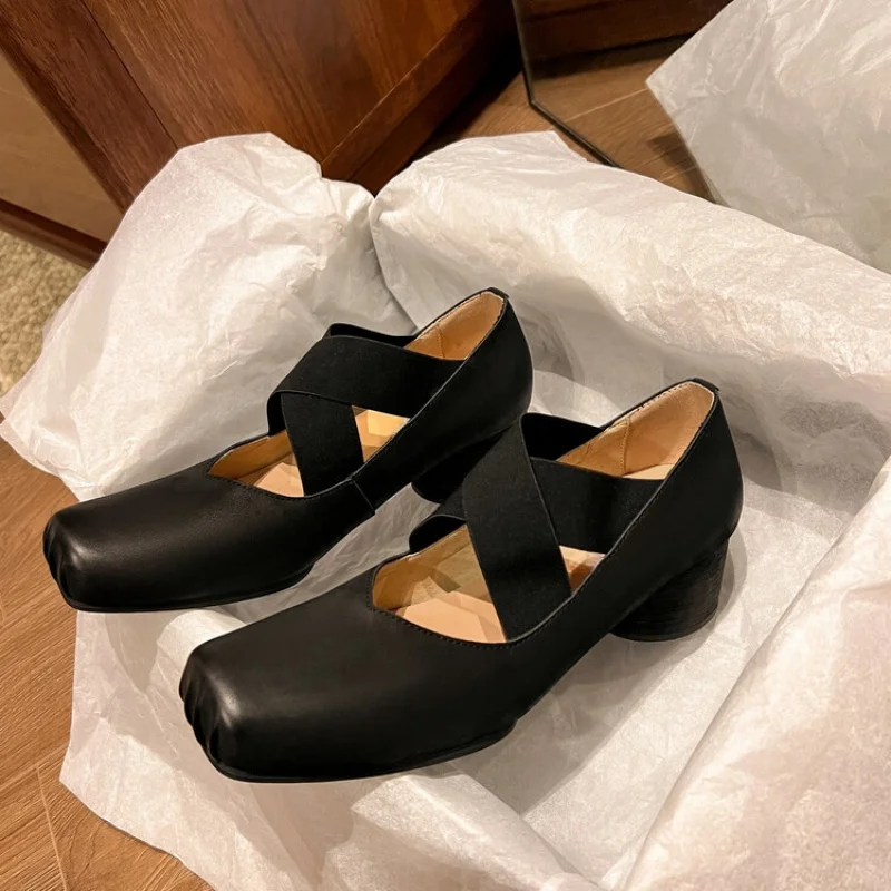 

Весна 2024, новые женские балетки с квадратным носком, толстый средний каблук, эластичный цвет из воловьей кожи, офисные женские туфли на мелкой подошве