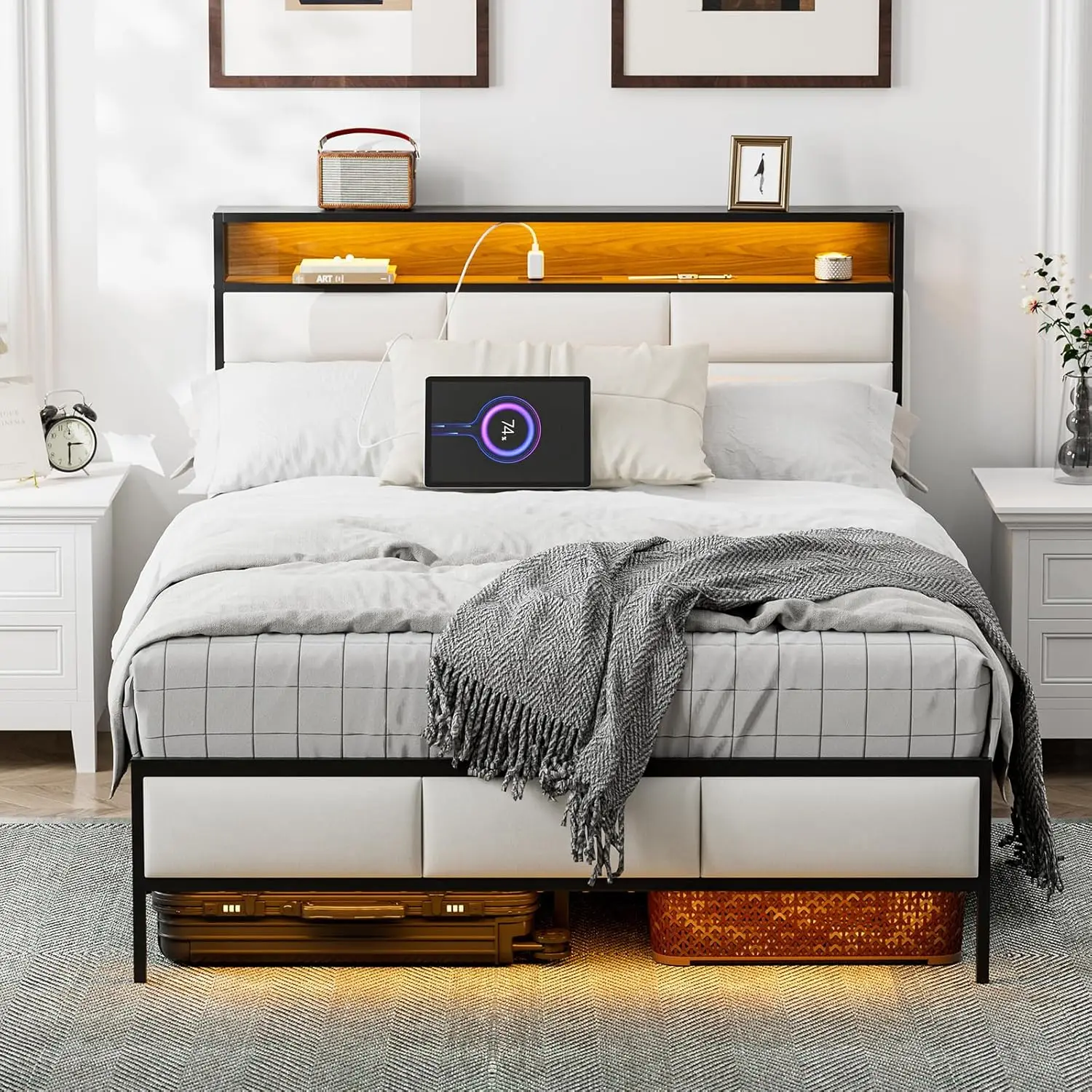 Full Size Bed Frame with Charging Station, Full Bed with Storage Headboard and LED Light, Upholstered Platform Bed Frame