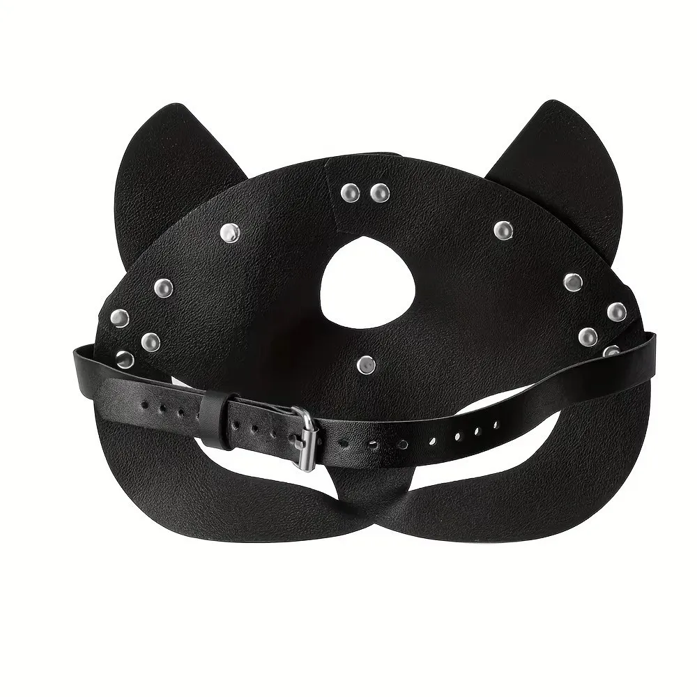 Ausgefallene Katzenmaske aus Kunstleder in Schwarz mit Ketten-Harnisch, Cosplay-Maskendesign, 1 Stück, Maskerade-Maske für Kostümfeste – Detail 2