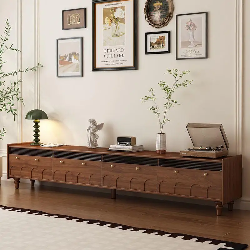 American retro TV cabinet solid wood paint living room storage cabinet integrated floor-to-ceiling antique TV cabinet