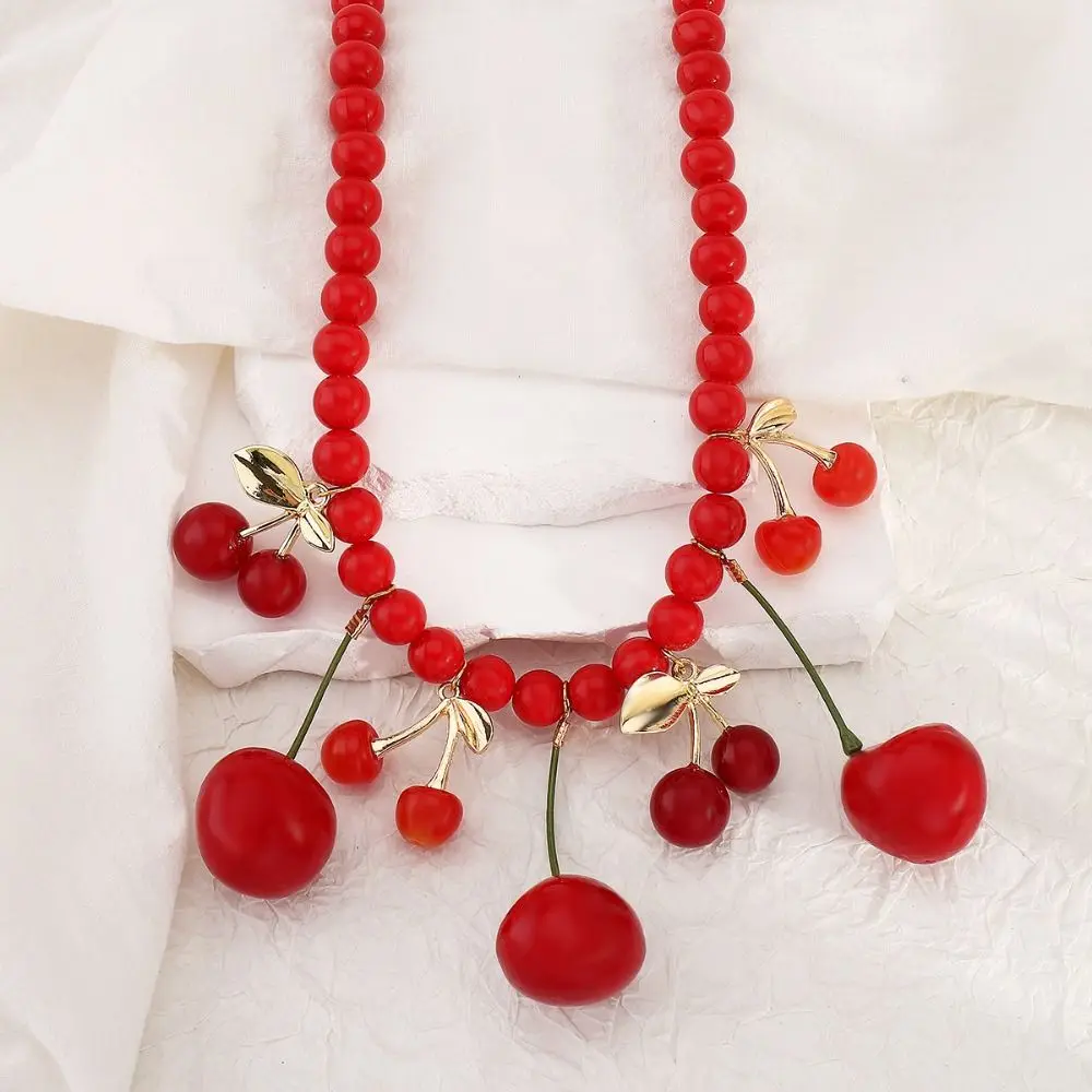 Cute Handmade Fruit Cherry Necklace Korean Style Minority Design Red Bead Necklace Jewelry Accessories Y2K Clavicle Chain Party