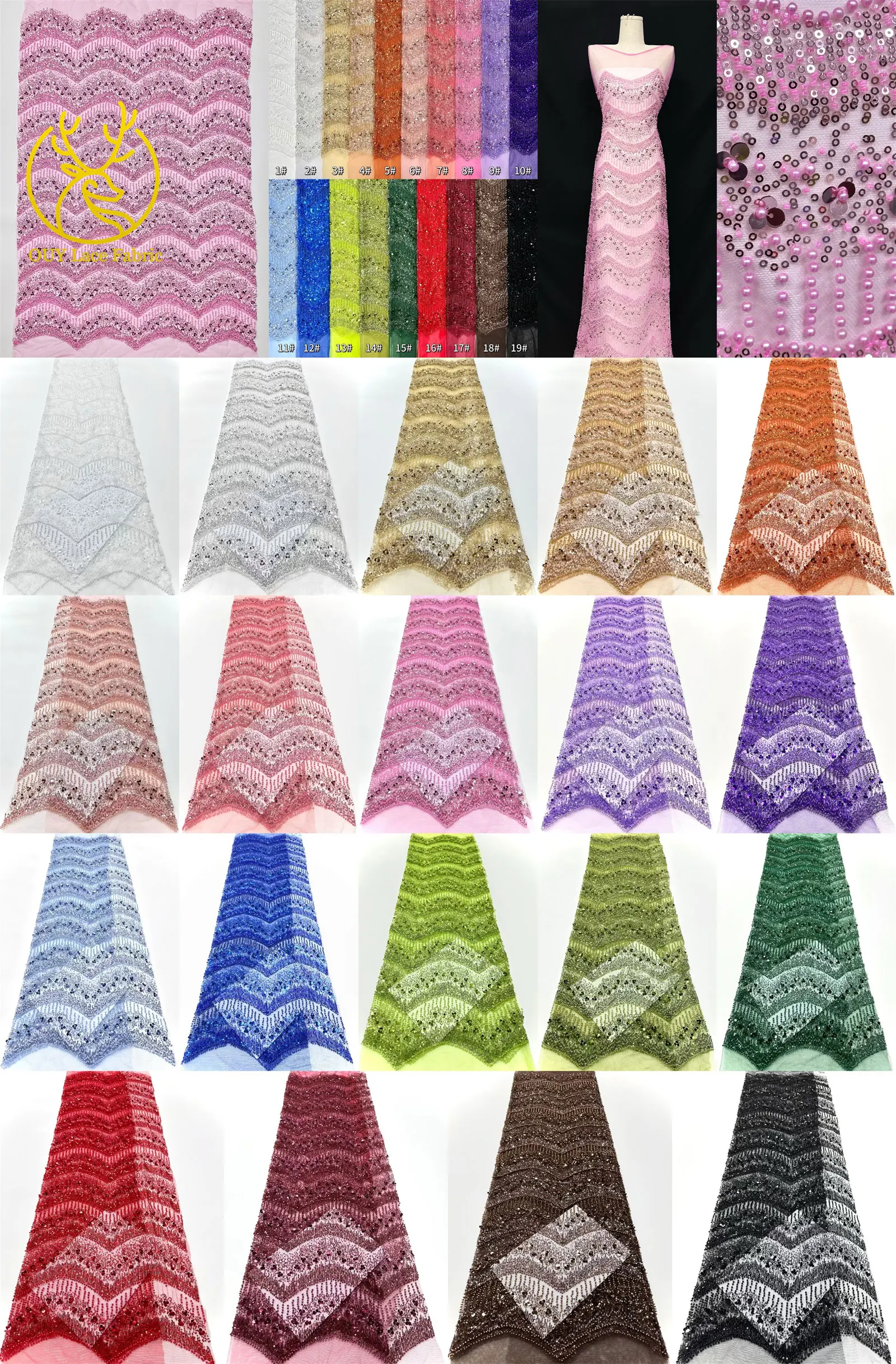 France Elegant Fashion Pink Handmade Beaded Lace Fabric 2025 Africa Nigeria Sequins Mesh Lace Fabric For Wedding Dresses 5 Yards