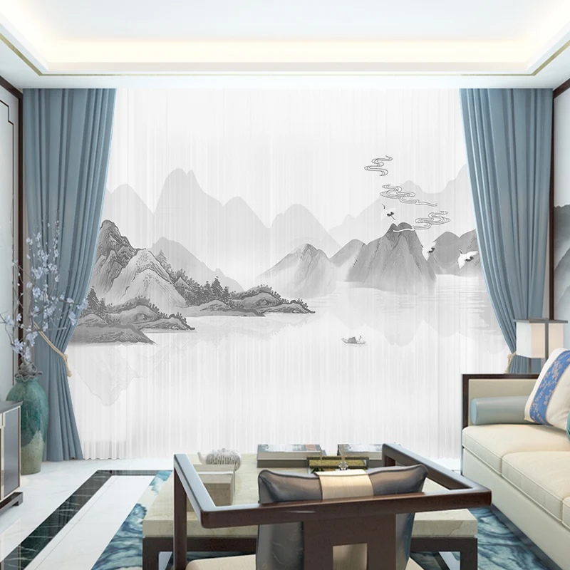 

Custom Chiffon Sheer Curtain Window Drape for Bedroom Living Room Mountain Hills River Boat Birds Trees Landscape