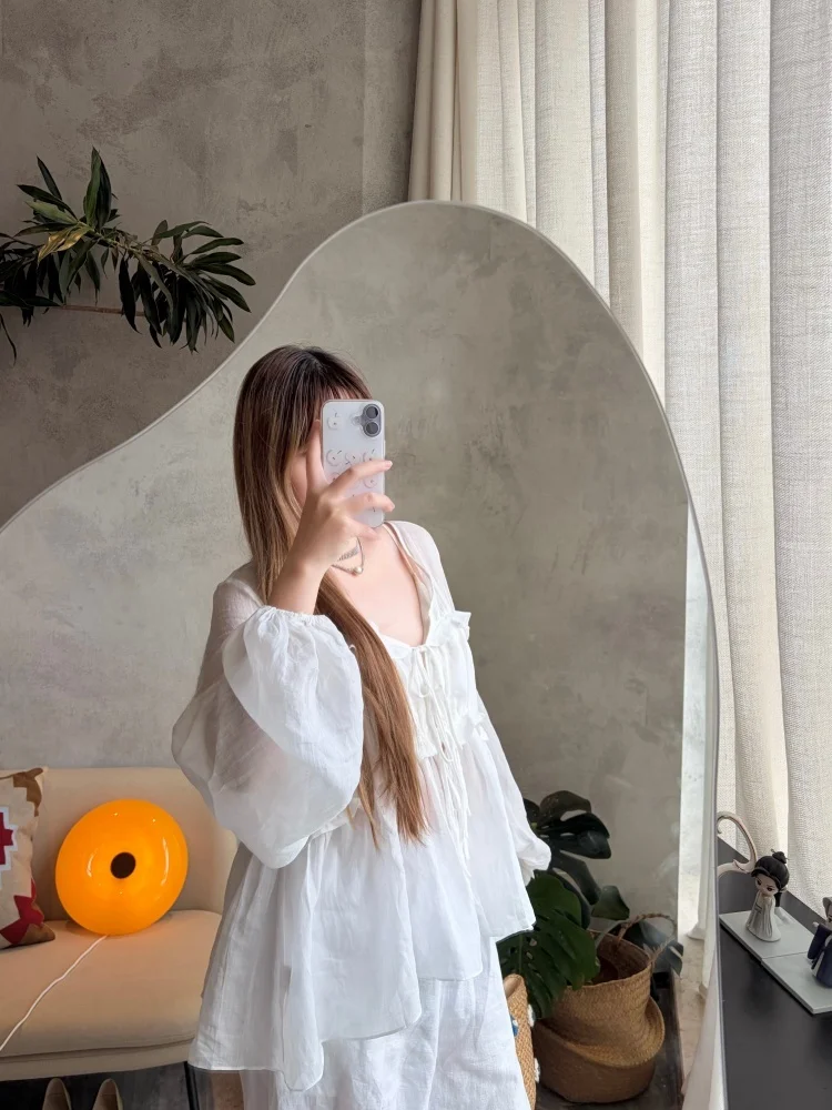 

Susan Casual Style White Linen Shirt Women's Loose Top Fashionable Lace Trim Long Sleeve V-Neck Mid-Length Breathable Spring