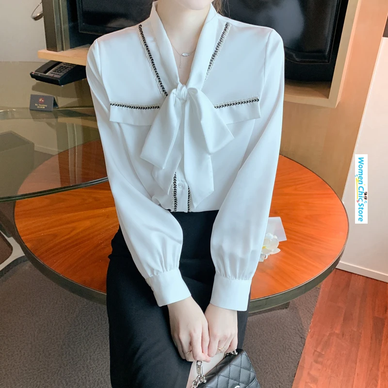 

Women Tops Long Sleeve Tied Bow Spliced White Shirt Spring Autumn Elegant Chic Loose Fit Casual Blouses Camisas De Mujer 8686