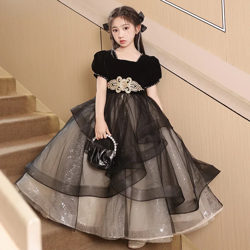 Elegant Evening Dress for Girls Bubble Sleeves Tulle Contrasting Princess Long Dresses Children Host Performance Costume