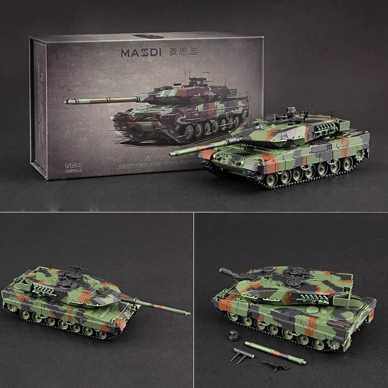MASSDI Model 1:64 Scale Leopard 2A6 Main Battle Tank Model NATO Three-Color Camouflage Military Green Alloy Car Model